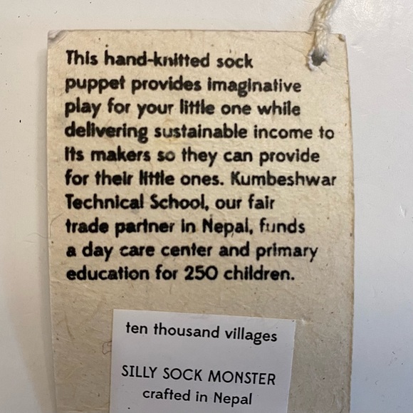 Ten Thousand Villages Silly Sock Monster Puppet Wool Handmade Nepal Toy Kids NWT - Picture 6 of 8